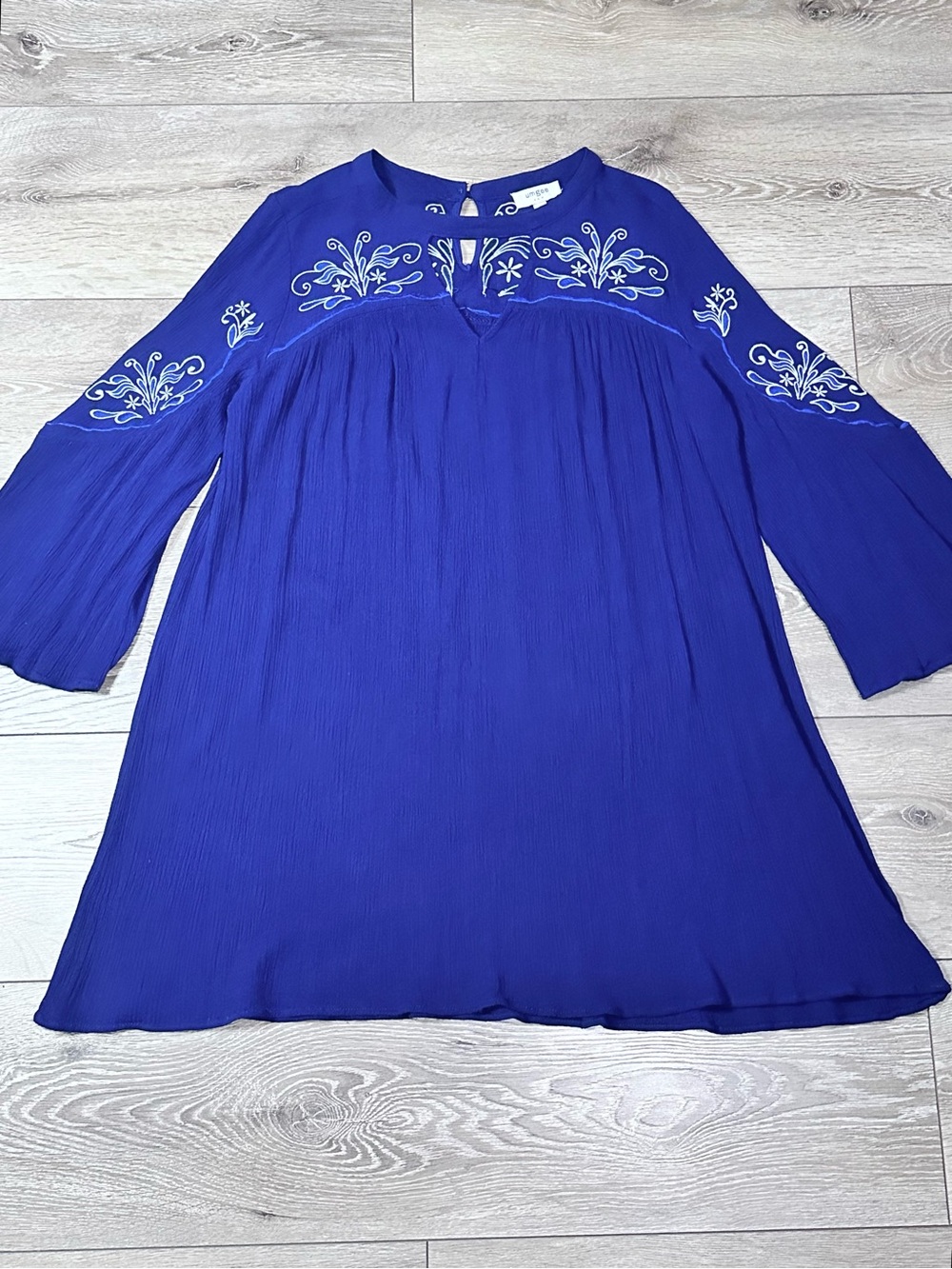 Umgee Navy Crinkle Gauze Floral Embroidered Mini Shift Dress *Read* - Picture 6 of 15